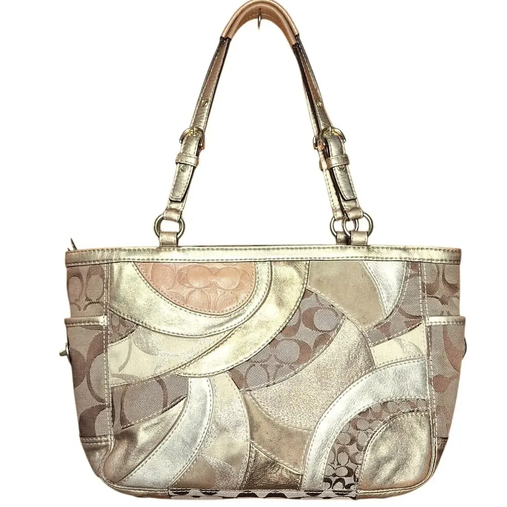 Coach Y2K Vintage Gold Metallic Mosaic Patchwork Signature Tote gold leather